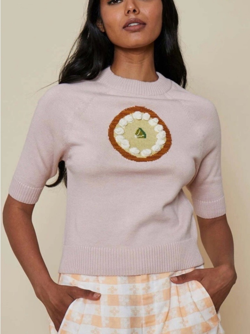 Rachel Antonoff Pale Pink Ribbed-Neck Knit Top